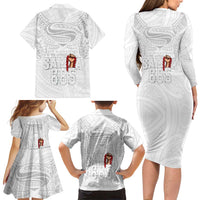 Super Samoa-Six Eight Five to The World Family Matching Long Sleeve Bodycon Dress and Hawaiian Shirt Traditional Samoan Tattoo All White