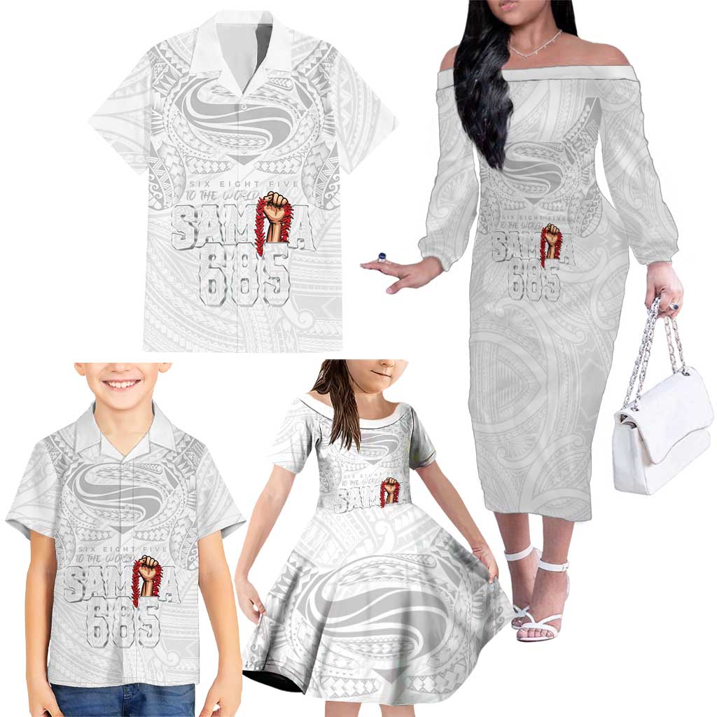Super Samoa-Six Eight Five to The World Family Matching Off The Shoulder Long Sleeve Dress and Hawaiian Shirt Traditional Samoan Tattoo All White LT03 - Polynesian Pride