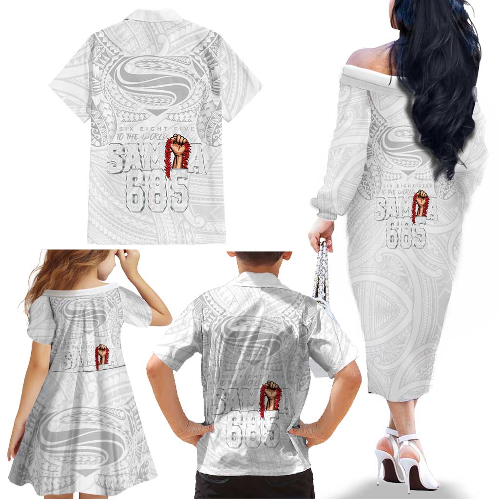 Super Samoa-Six Eight Five to The World Family Matching Off The Shoulder Long Sleeve Dress and Hawaiian Shirt Traditional Samoan Tattoo All White LT03 - Polynesian Pride
