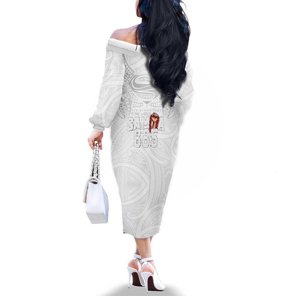 Super Samoa-Six Eight Five to The World Family Matching Off The Shoulder Long Sleeve Dress and Hawaiian Shirt Traditional Samoan Tattoo All White LT03 - Polynesian Pride
