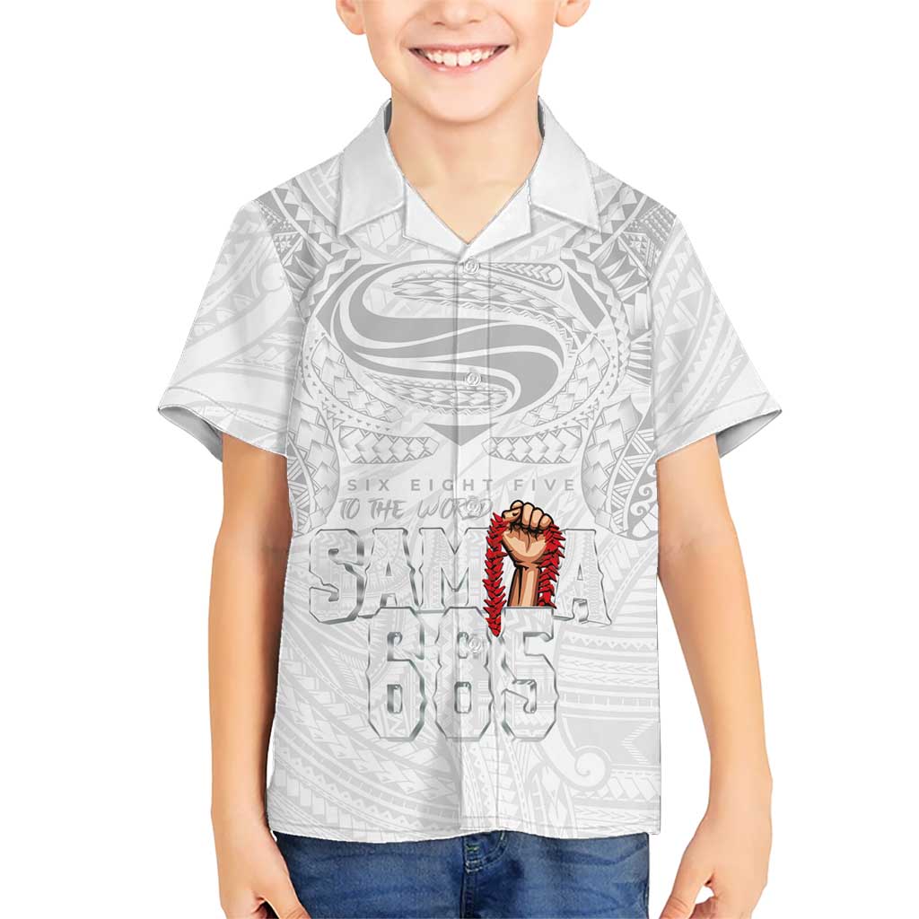 Super Samoa-Six Eight Five to The World Family Matching Off The Shoulder Long Sleeve Dress and Hawaiian Shirt Traditional Samoan Tattoo All White LT03 Son's Shirt White - Polynesian Pride