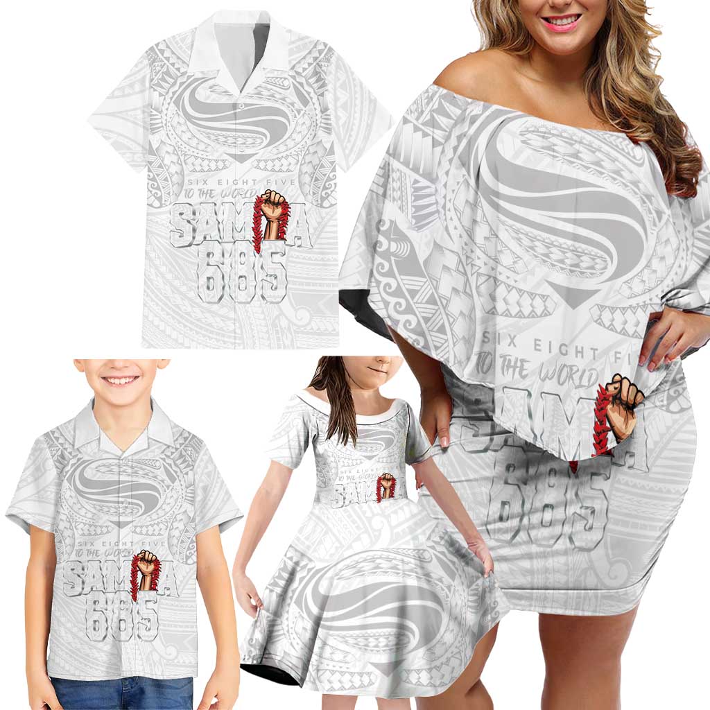 Super Samoa-Six Eight Five to The World Family Matching Off Shoulder Short Dress and Hawaiian Shirt Traditional Samoan Tattoo All White