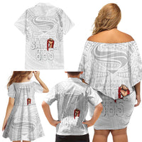 Super Samoa-Six Eight Five to The World Family Matching Off Shoulder Short Dress and Hawaiian Shirt Traditional Samoan Tattoo All White