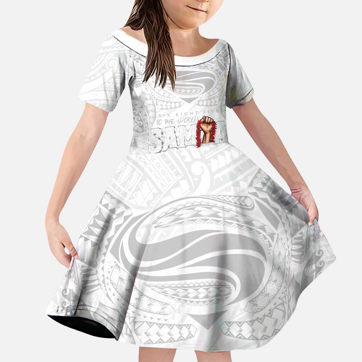 Super Samoa-Six Eight Five to The World Kid Short Sleeve Dress Traditional Samoan Tattoo All White LT03 KID White - Polynesian Pride