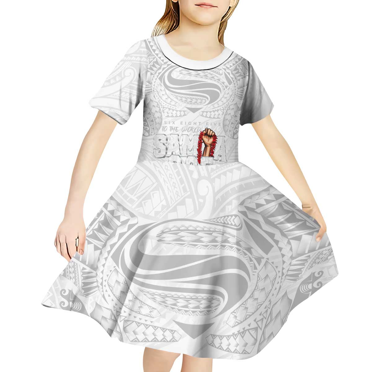 Super Samoa-Six Eight Five to The World Kid Short Sleeve Dress Traditional Samoan Tattoo All White LT03 - Polynesian Pride