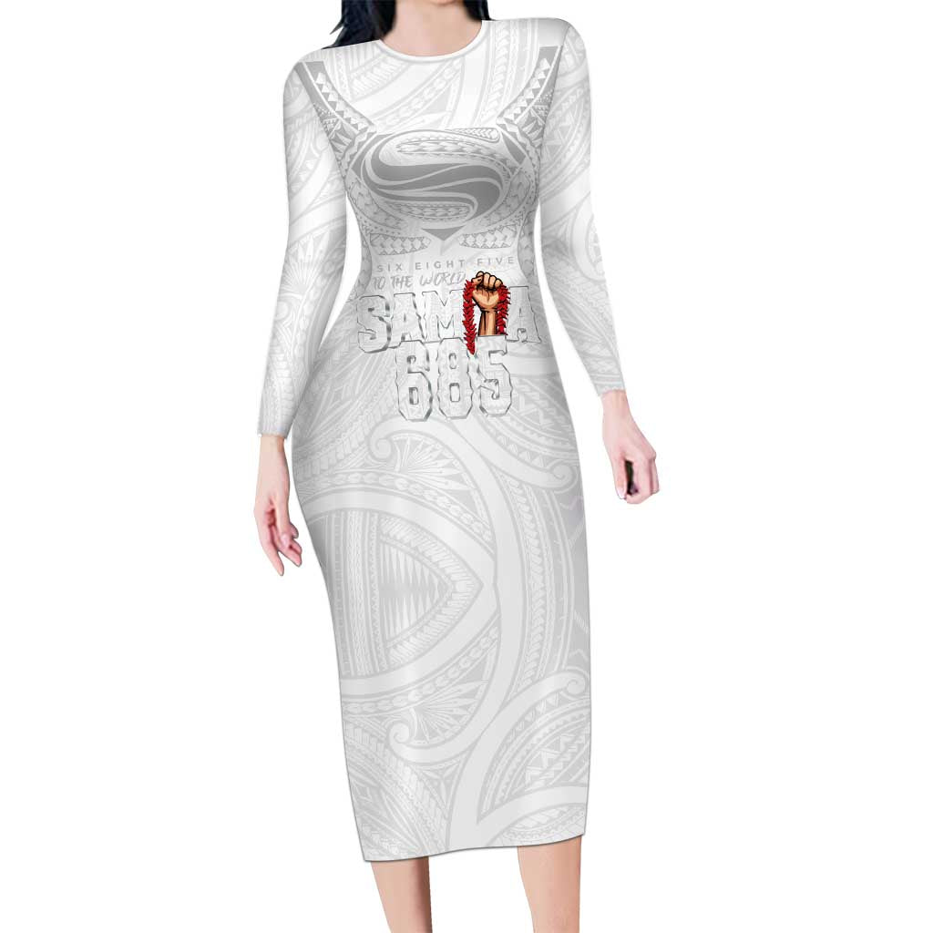 Super Samoa-Six Eight Five to The World Long Sleeve Bodycon Dress Traditional Samoan Tattoo All White