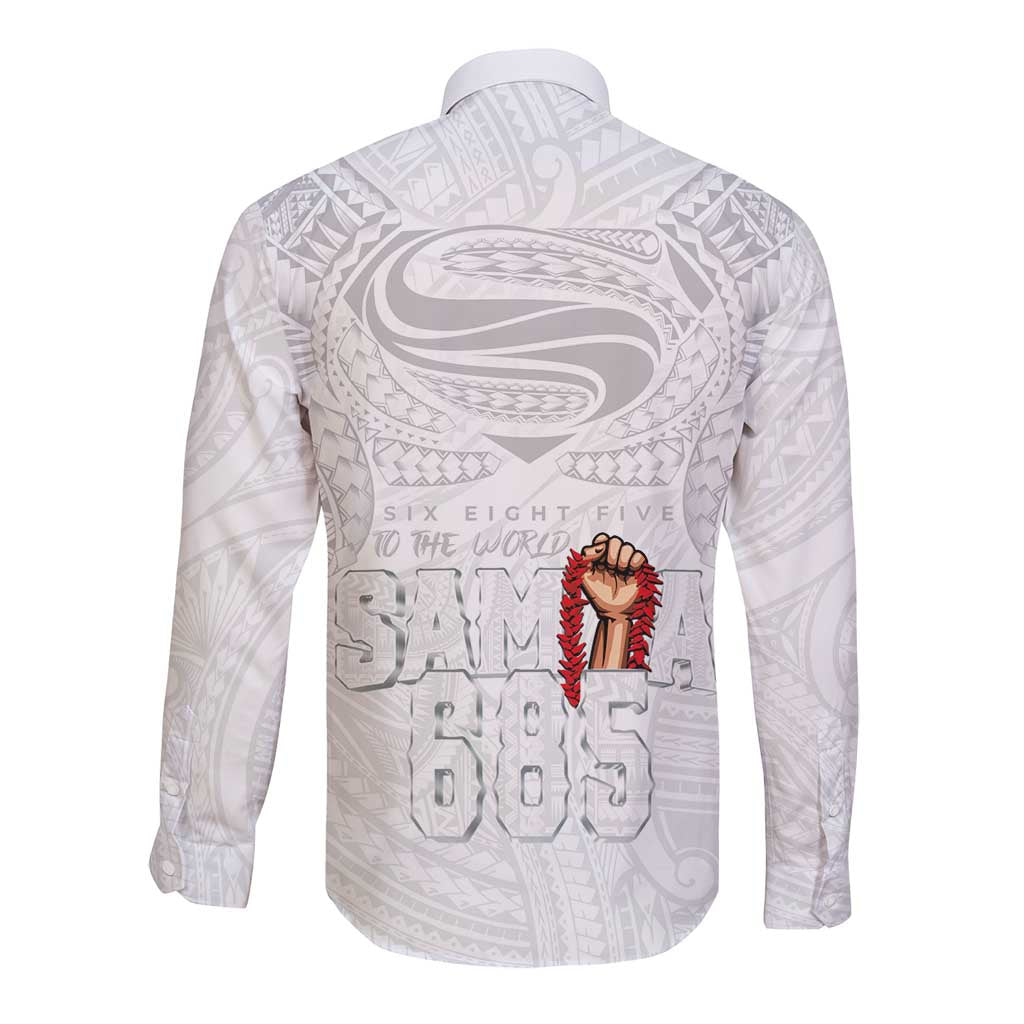 Super Samoa-Six Eight Five to The World Long Sleeve Button Shirt Traditional Samoan Tattoo All White