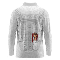 Super Samoa-Six Eight Five to The World Long Sleeve Polo Shirt Traditional Samoan Tattoo All White
