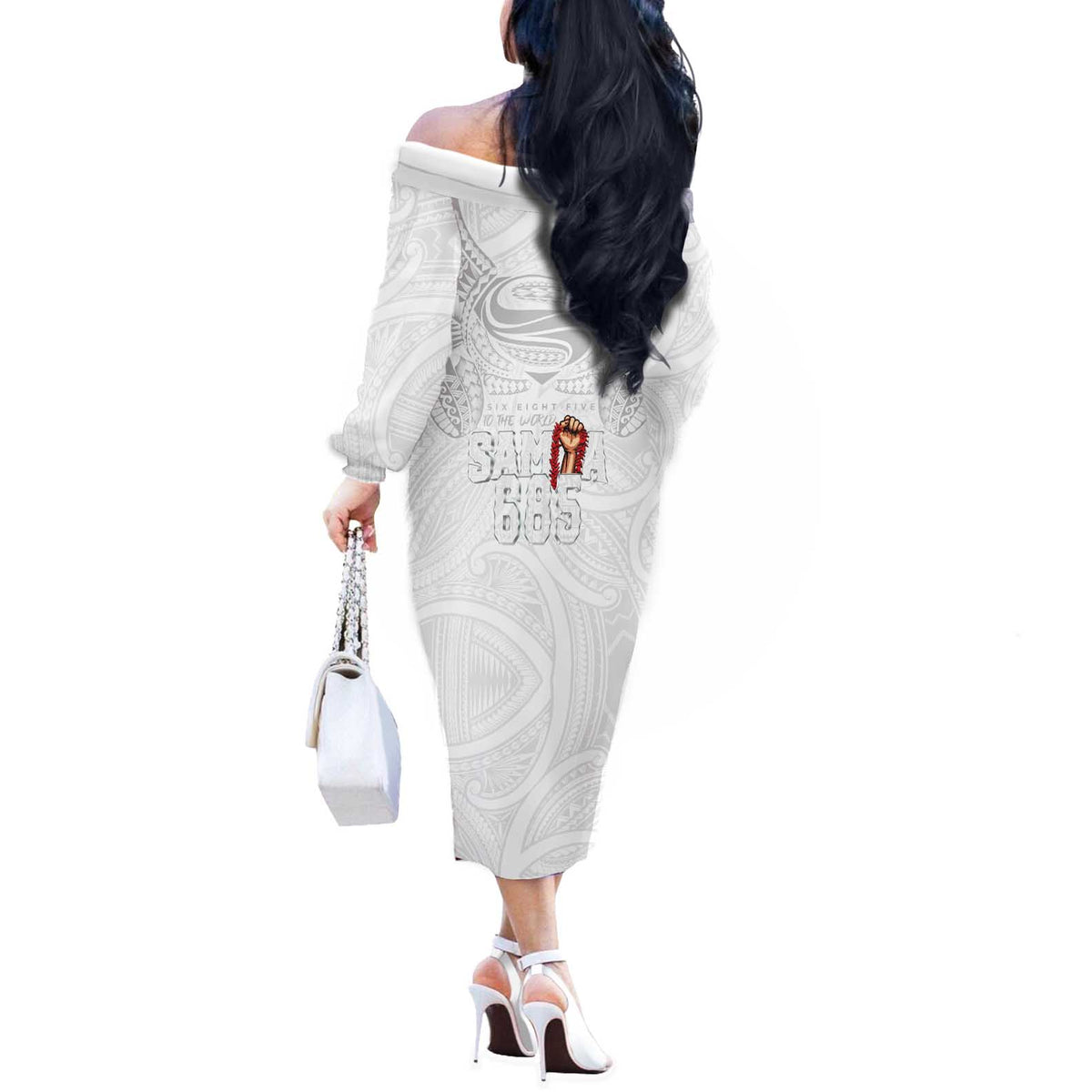 Super Samoa-Six Eight Five to The World Off The Shoulder Long Sleeve Dress Traditional Samoan Tattoo All White