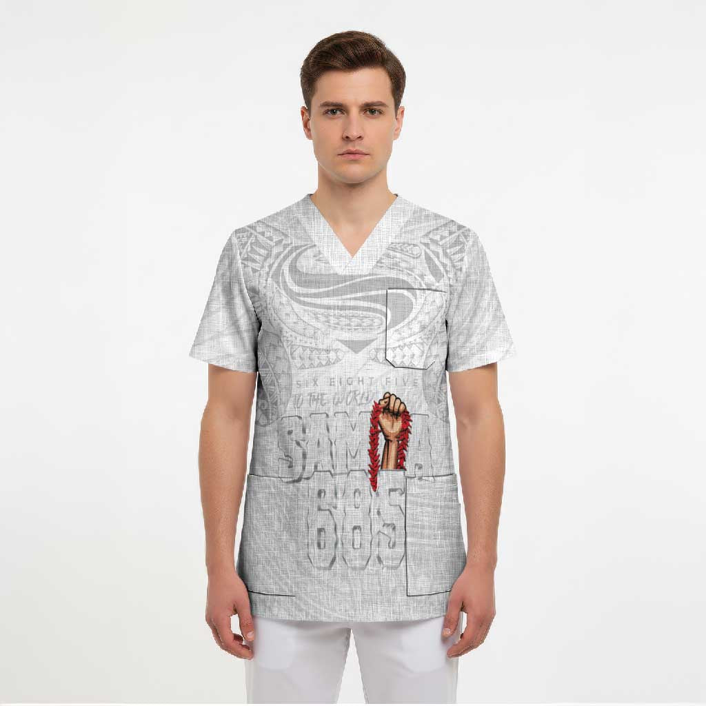 Super Samoa-Six Eight Five to The World Scrub Top Traditional Samoan Tattoo All White