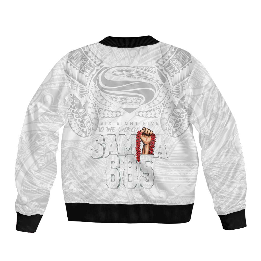 Super Samoa-Six Eight Five to The World Sleeve Zip Bomber Jacket Traditional Samoan Tattoo All White
