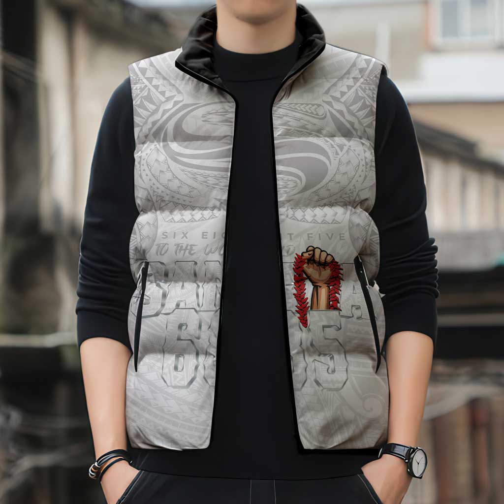 Super Samoa-Six Eight Five to The World Sleeveless Puffer Jacket Traditional Samoan Tattoo All White