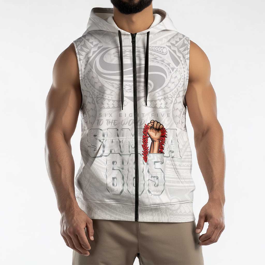 Super Samoa-Six Eight Five to The World Sleeveless Zip Hoodie Traditional Samoan Tattoo All White LT03 - Polynesian Pride