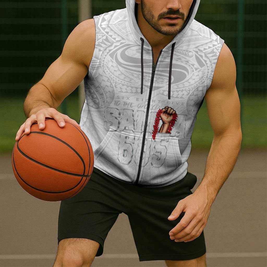 Super Samoa-Six Eight Five to The World Sleeveless Zip Hoodie Traditional Samoan Tattoo All White LT03 - Polynesian Pride