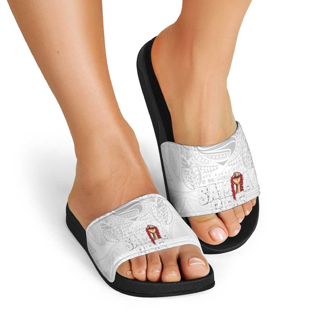 Super Samoa-Six Eight Five to The World Slide Sandals Traditional Samoan Tattoo All White