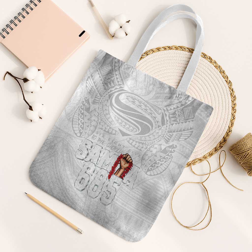Super Samoa-Six Eight Five to The World Tote Bag Traditional Samoan Tattoo All White