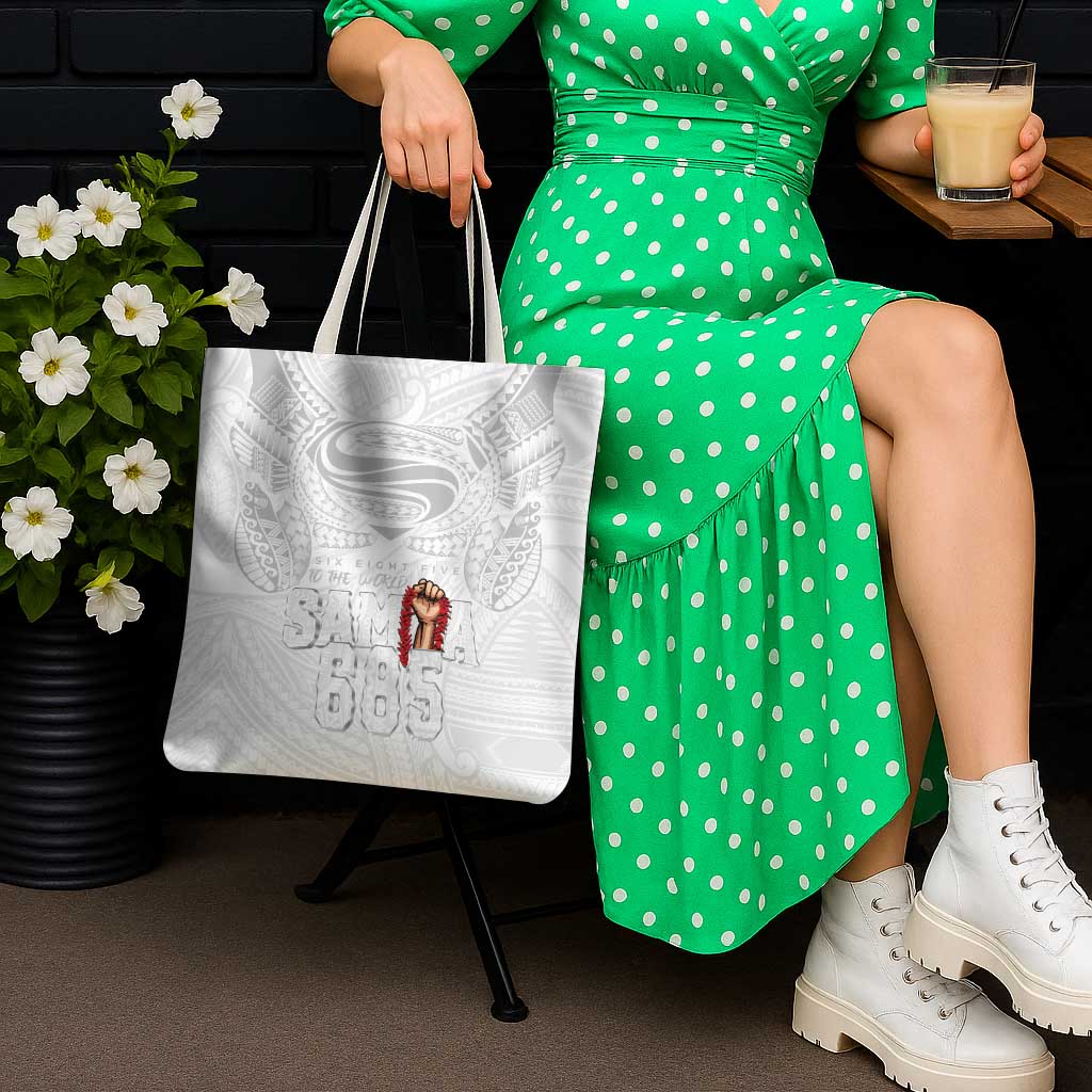 Super Samoa-Six Eight Five to The World Tote Bag Traditional Samoan Tattoo All White