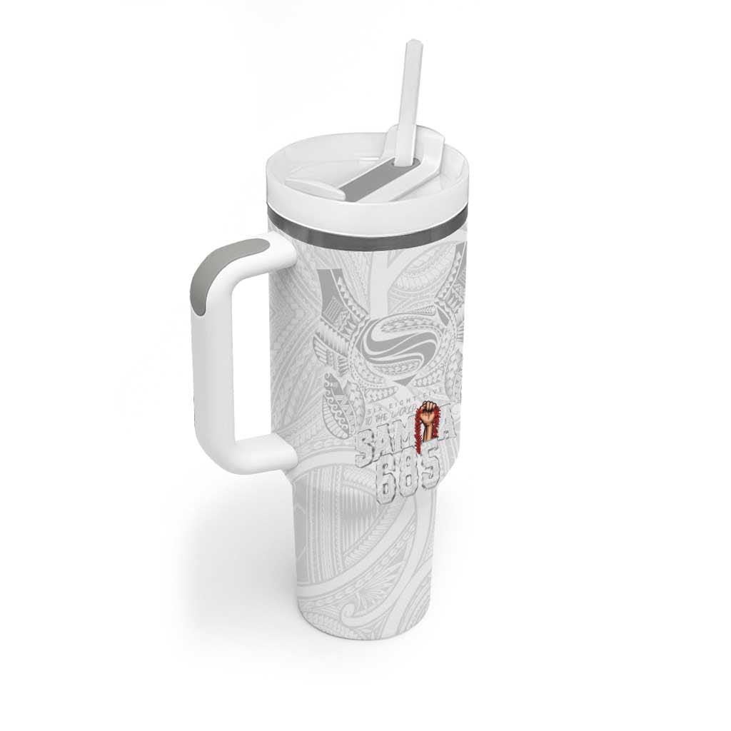 Super Samoa-Six Eight Five to The World Tumbler With Handle Traditional Samoan Tattoo All White LT03 - Polynesian Pride