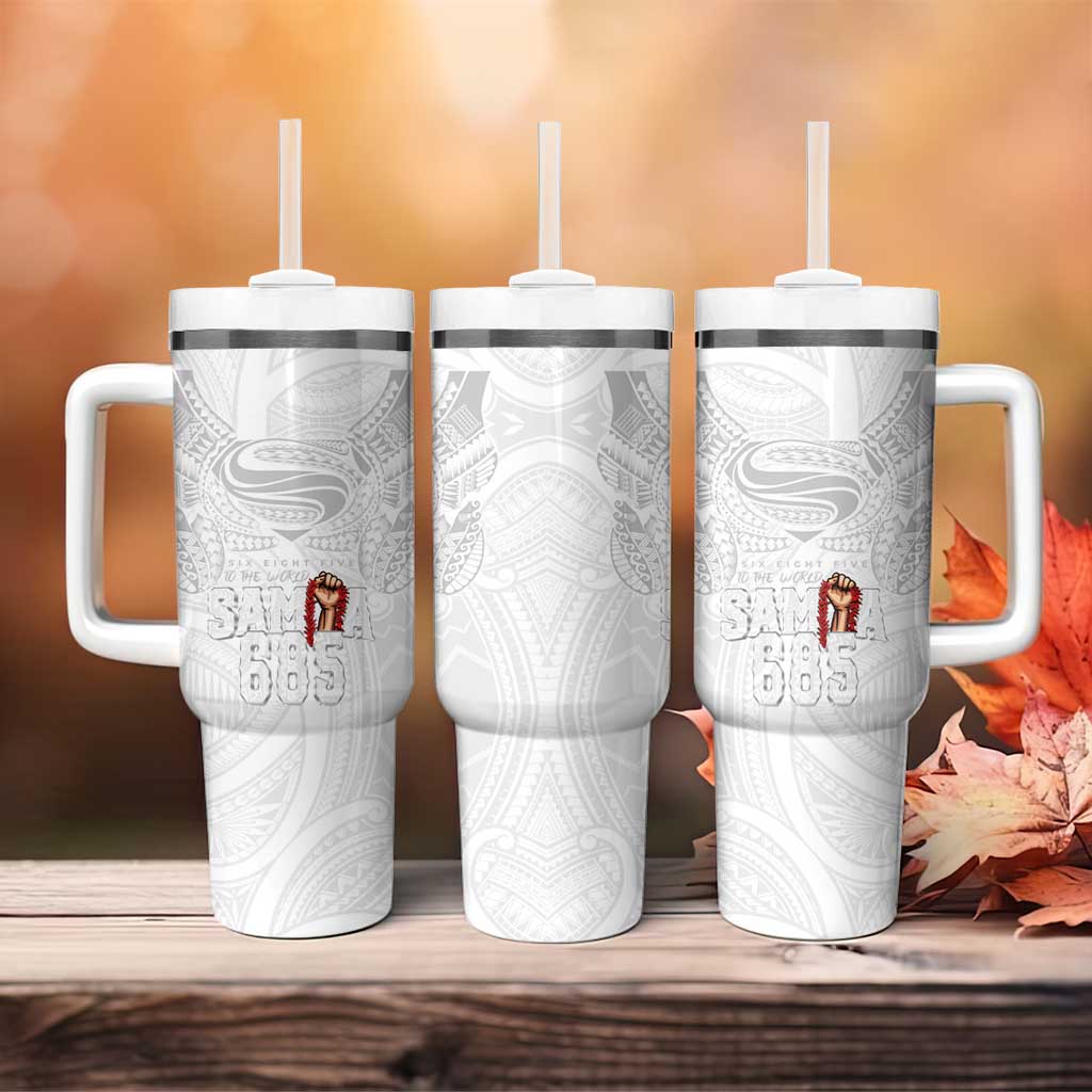 Super Samoa-Six Eight Five to The World Tumbler With Handle Traditional Samoan Tattoo All White LT03 - Polynesian Pride