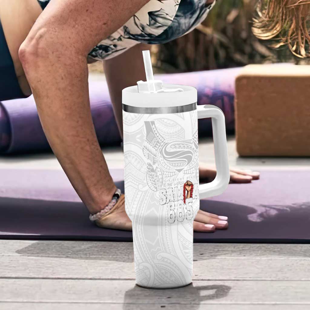 Super Samoa-Six Eight Five to The World Tumbler With Handle Traditional Samoan Tattoo All White LT03 - Polynesian Pride