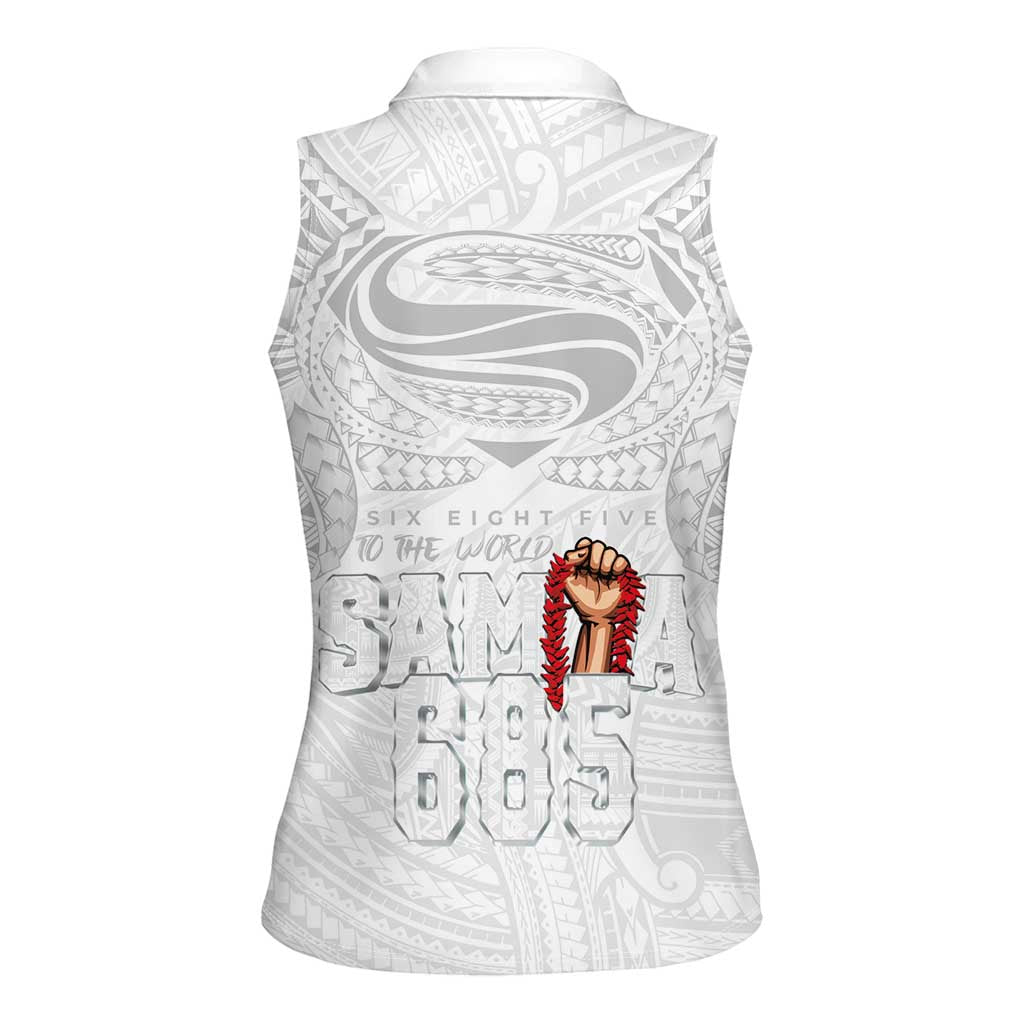 Super Samoa-Six Eight Five to The World Women Sleeveless Polo Shirt Traditional Samoan Tattoo All White