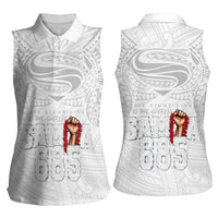 Super Samoa-Six Eight Five to The World Women Sleeveless Polo Shirt Traditional Samoan Tattoo All White
