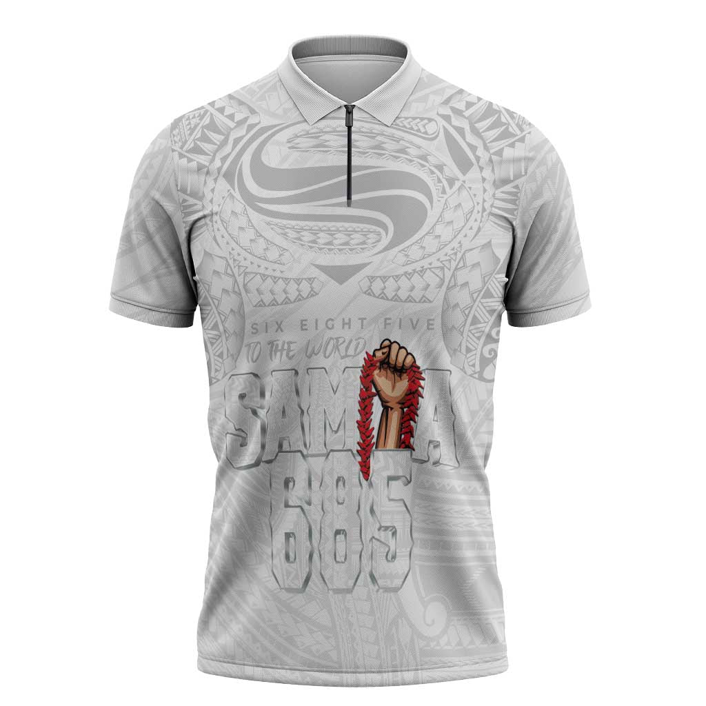 Super Samoa-Six Eight Five to The World Zipper Polo Shirt Traditional Samoan Tattoo All White LT03 White - Polynesian Pride