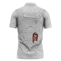 Super Samoa-Six Eight Five to The World Zipper Polo Shirt Traditional Samoan Tattoo All White LT03 - Polynesian Pride