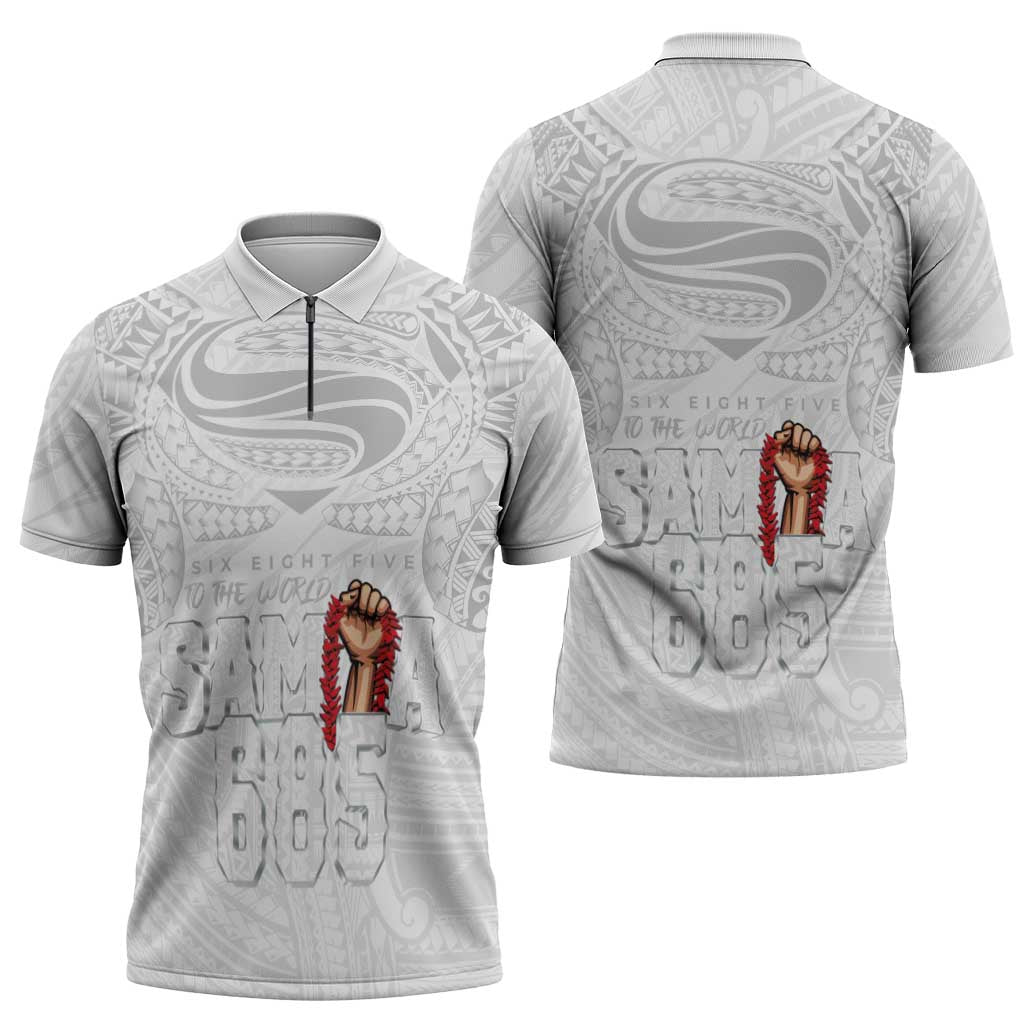 Super Samoa-Six Eight Five to The World Zipper Polo Shirt Traditional Samoan Tattoo All White LT03 - Polynesian Pride