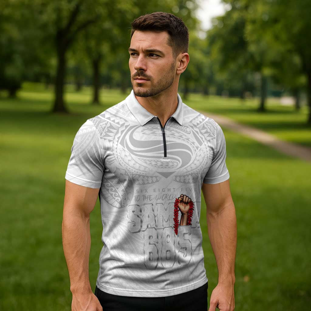 Super Samoa-Six Eight Five to The World Zipper Polo Shirt Traditional Samoan Tattoo All White LT03 - Polynesian Pride