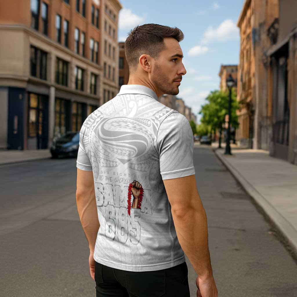 Super Samoa-Six Eight Five to The World Zipper Polo Shirt Traditional Samoan Tattoo All White LT03 - Polynesian Pride