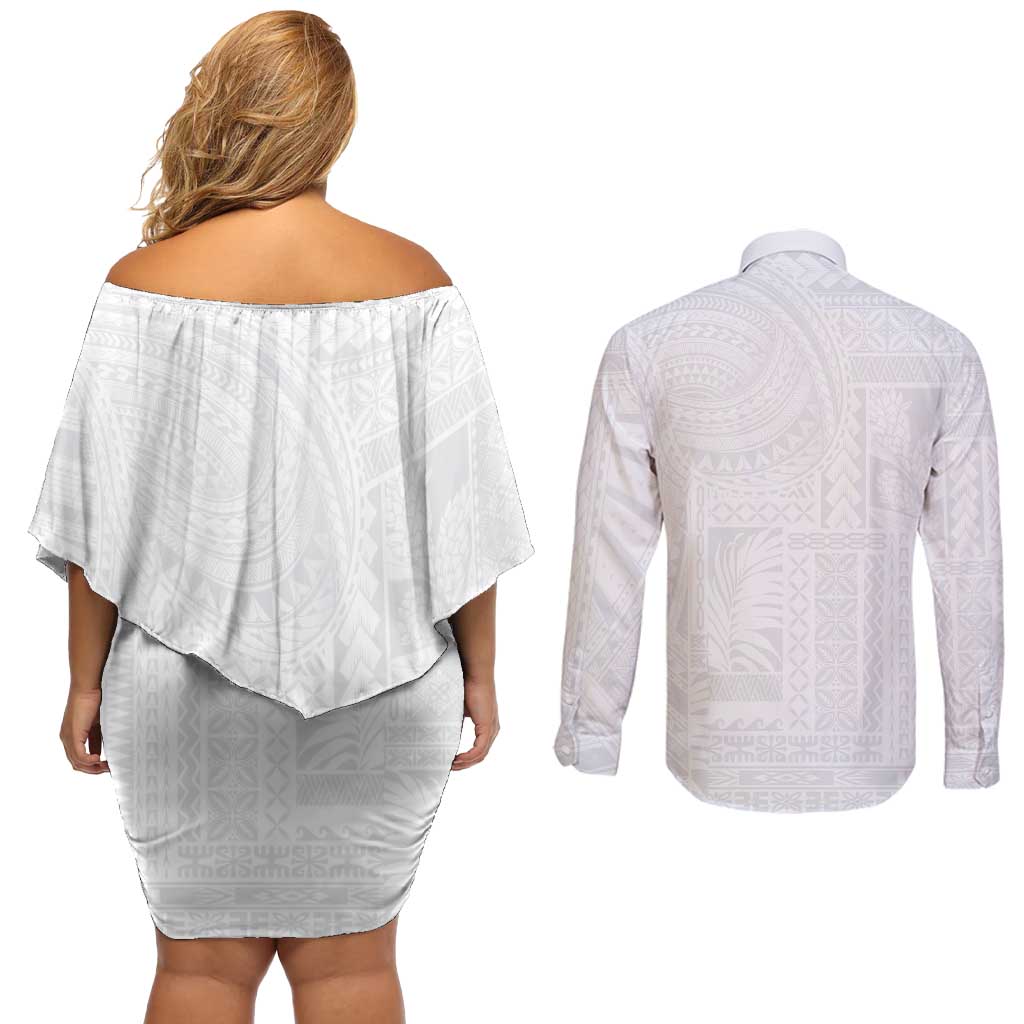 Lotu Tamaiti Samoan Art Tattoo Siapo Pattern Couples Matching Off Shoulder Short Dress and Long Sleeve Button Shirt