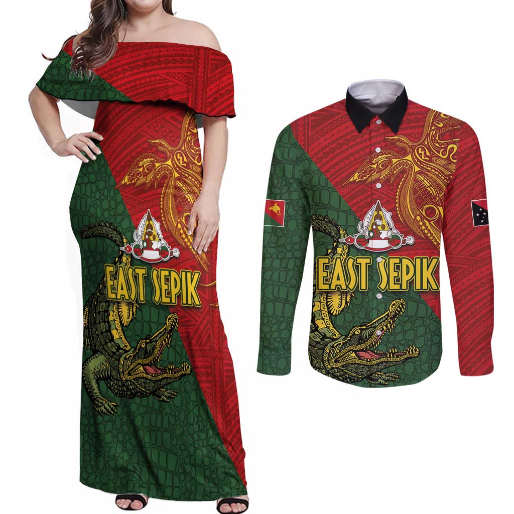 Sepik River Crocodile & Arts Festival Couples Matching Off Shoulder Maxi Dress and Long Sleeve Button Shirt Bird-of-paradise Melanesian Tattoo