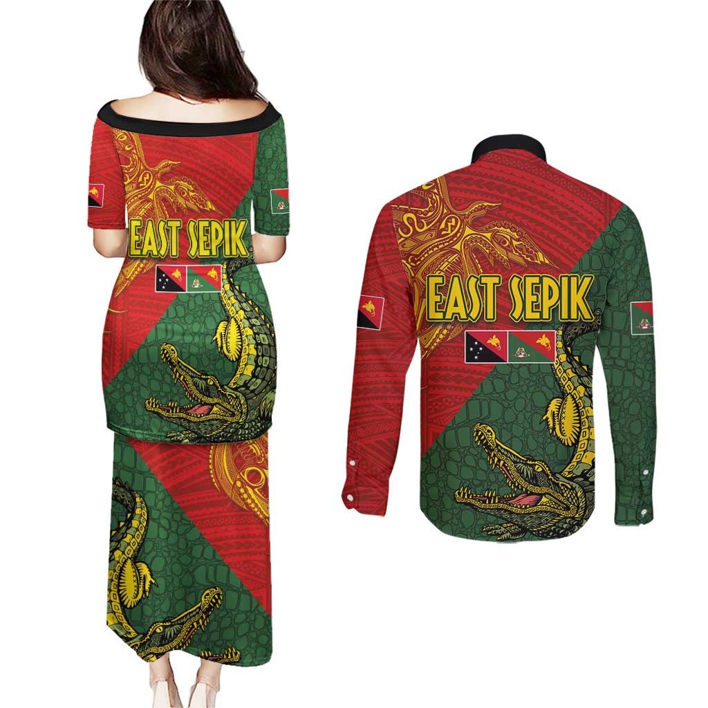 Sepik River Crocodile & Arts Festival Couples Matching Puletasi and Long Sleeve Button Shirt Bird-of-paradise Melanesian Tattoo