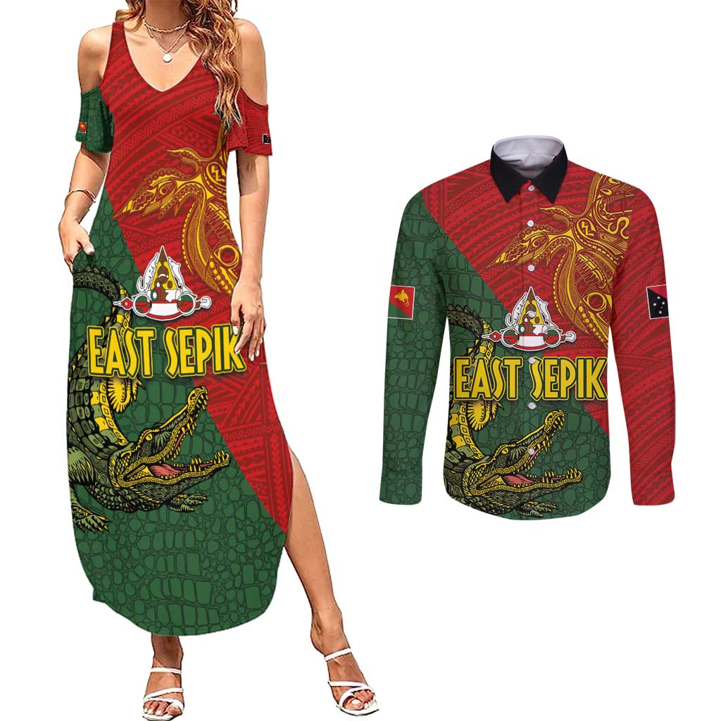 Sepik River Crocodile & Arts Festival Couples Matching Summer Maxi Dress and Long Sleeve Button Shirt Bird-of-paradise Melanesian Tattoo