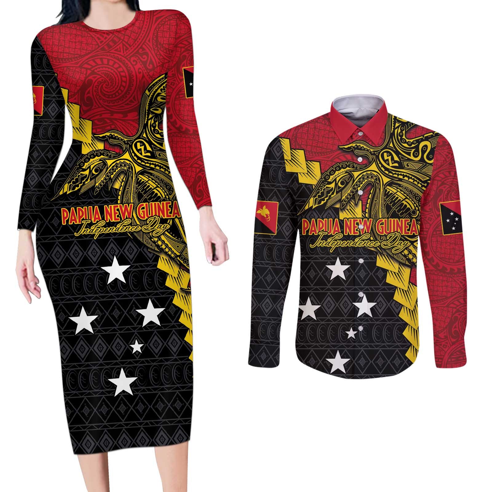 Papua New Guinea Independence Day Couples Matching Long Sleeve Bodycon Dress and Long Sleeve Button Shirt Bird-of-paradise Melanesian Tattoo