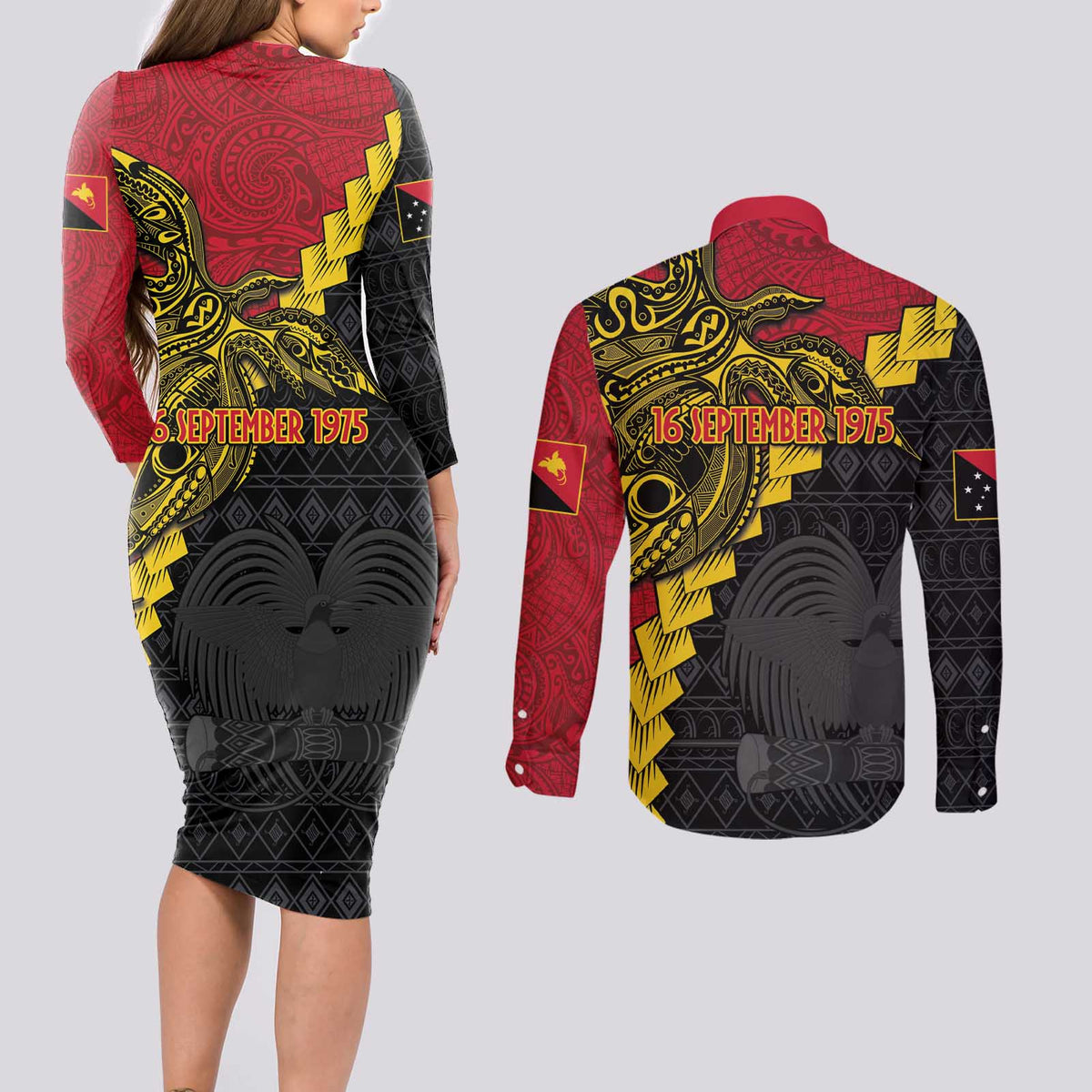 Papua New Guinea Independence Day Couples Matching Long Sleeve Bodycon Dress and Long Sleeve Button Shirt Bird-of-paradise Melanesian Tattoo