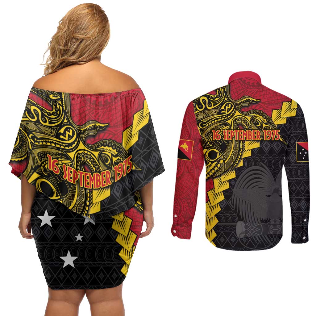 Papua New Guinea Independence Day Couples Matching Off Shoulder Short Dress and Long Sleeve Button Shirt Bird-of-paradise Melanesian Tattoo