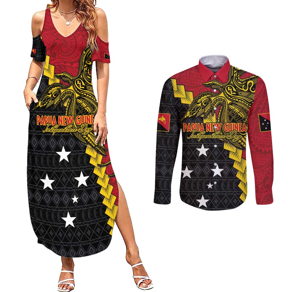 Papua New Guinea Independence Day Couples Matching Summer Maxi Dress and Long Sleeve Button Shirt Bird-of-paradise Melanesian Tattoo