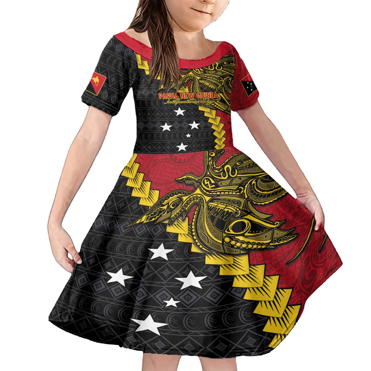 Papua New Guinea Independence Day Family Matching Off The Shoulder Long Sleeve Dress and Hawaiian Shirt Bird-of-paradise Melanesian Tattoo