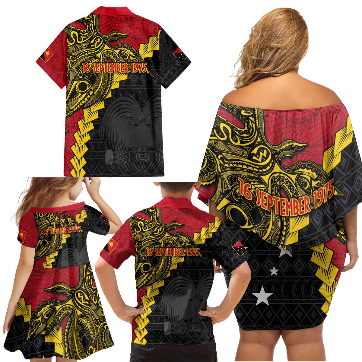 Papua New Guinea Independence Day Family Matching Off Shoulder Short Dress and Hawaiian Shirt Bird-of-paradise Melanesian Tattoo