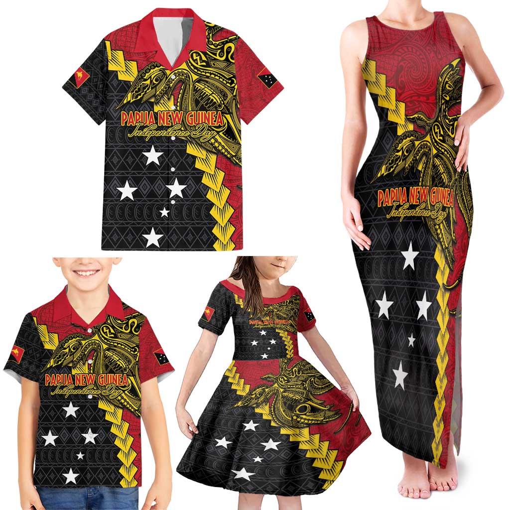 Papua New Guinea Independence Day Family Matching Tank Maxi Dress and Hawaiian Shirt Bird-of-paradise Melanesian Tattoo