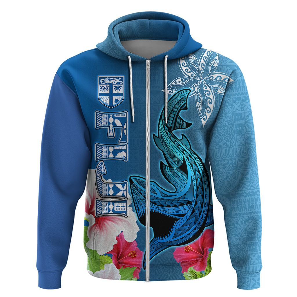Polynesian Fiji Hoodie Shark and Hibiscus Tapa Pattern Blue Version LT03 - Polynesian Pride