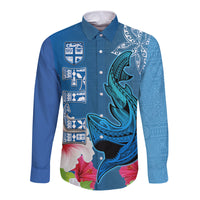 Polynesian Fiji Long Sleeve Button Shirt Shark and Hibiscus Tapa Pattern Blue Version LT03 Unisex Blue - Polynesian Pride
