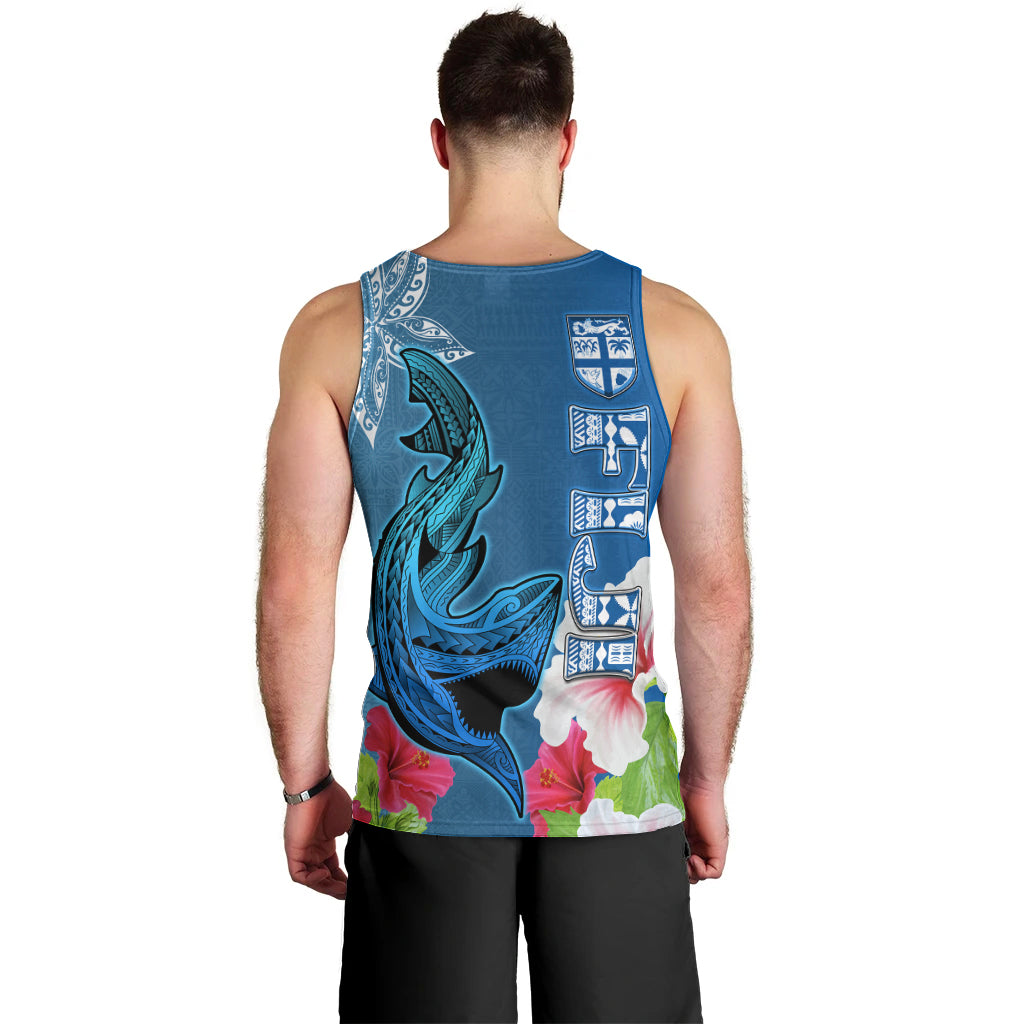 Polynesian Fiji Men Tank Top Shark and Hibiscus Tapa Pattern Blue Version LT03 - Polynesian Pride