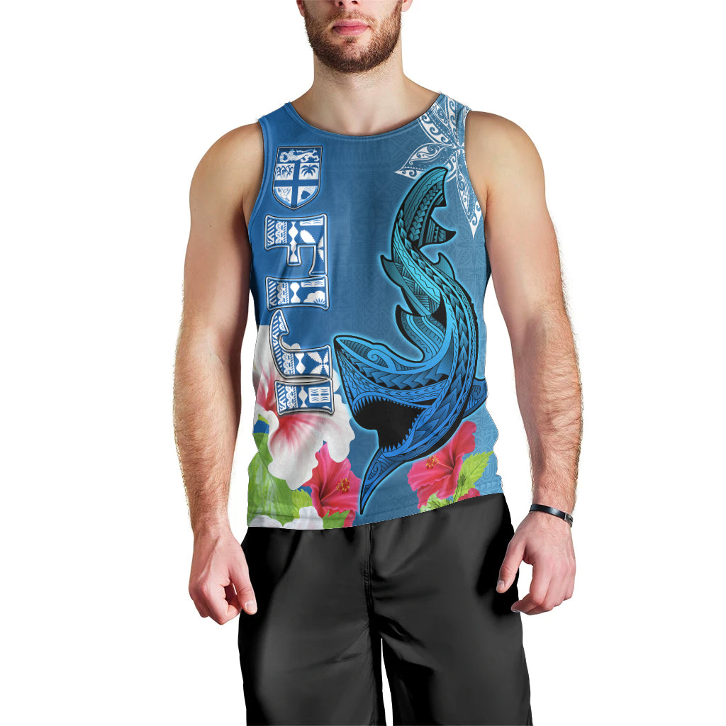 Polynesian Fiji Men Tank Top Shark and Hibiscus Tapa Pattern Blue Version LT03 - Polynesian Pride