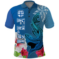 Polynesian Fiji Polo Shirt Shark and Hibiscus Tapa Pattern Blue Version LT03 Blue - Polynesian Pride