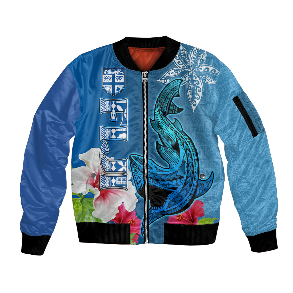 Polynesian Fiji Sleeve Zip Bomber Jacket Shark and Hibiscus Tapa Pattern Blue Version LT03 Unisex Blue - Polynesian Pride