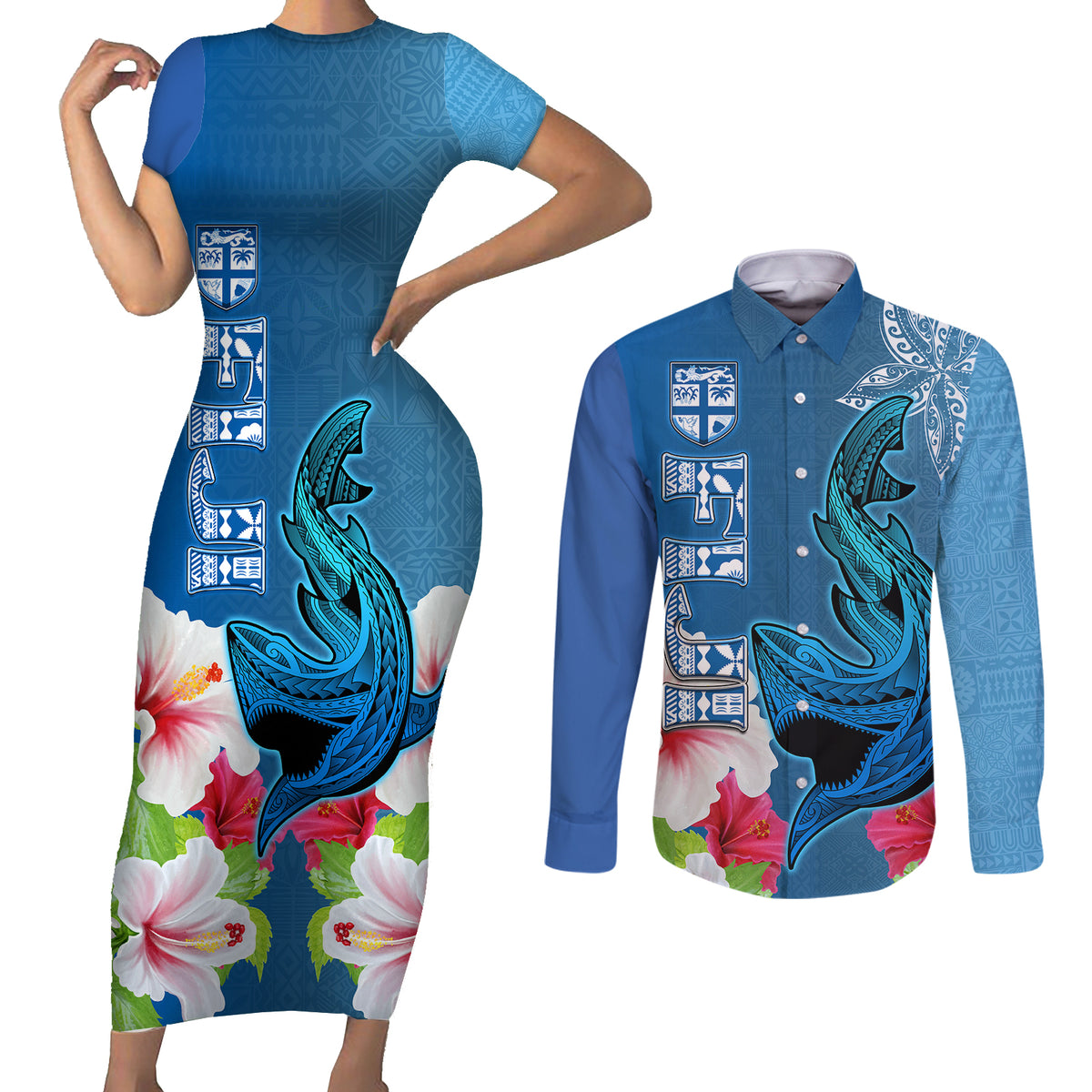 Custom Polynesian Fiji Couples Matching Short Sleeve Bodycon Dress and Long Sleeve Button Shirts Shark and Hibiscus Tapa Pattern Blue Version LT03 Blue - Polynesian Pride