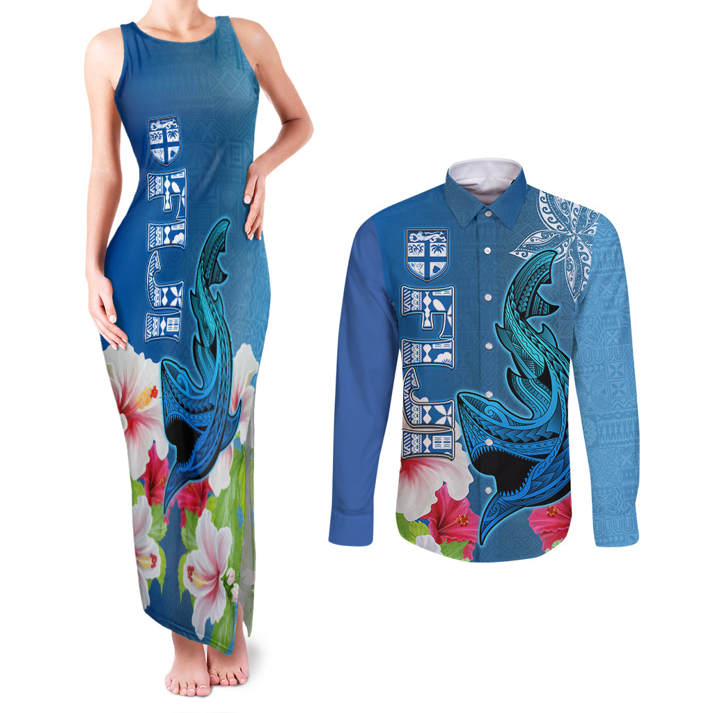 Custom Polynesian Fiji Couples Matching Tank Maxi Dress and Long Sleeve Button Shirts Shark and Hibiscus Tapa Pattern Blue Version LT03 Blue - Polynesian Pride